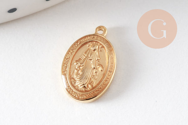 Pendentif médaille ovale Vierge Marie acier 304 inoxydable doré émaillée 13mm x1 ou x5 (10759)