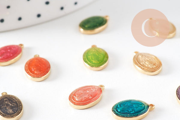 Pendentif médaille ovale Vierge Marie acier 304 inoxydable doré émaillée 13mm x1 ou x5 (10759)