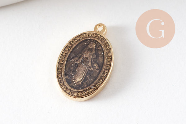Pendentif médaille ovale Vierge Marie acier 304 inoxydable doré émaillée 13mm x1 ou x5 (10759)