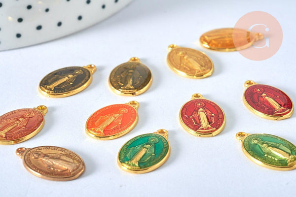 Pendentif médaille ovale Vierge Marie laiton doré émail 19.5mm x1 (G2939)