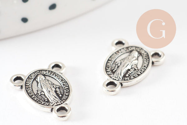 Pendentif médaille ovale Vierge Marie zamac argenté 3 attaches 15.3mm, pendentif création rosaire, x2 G9382
