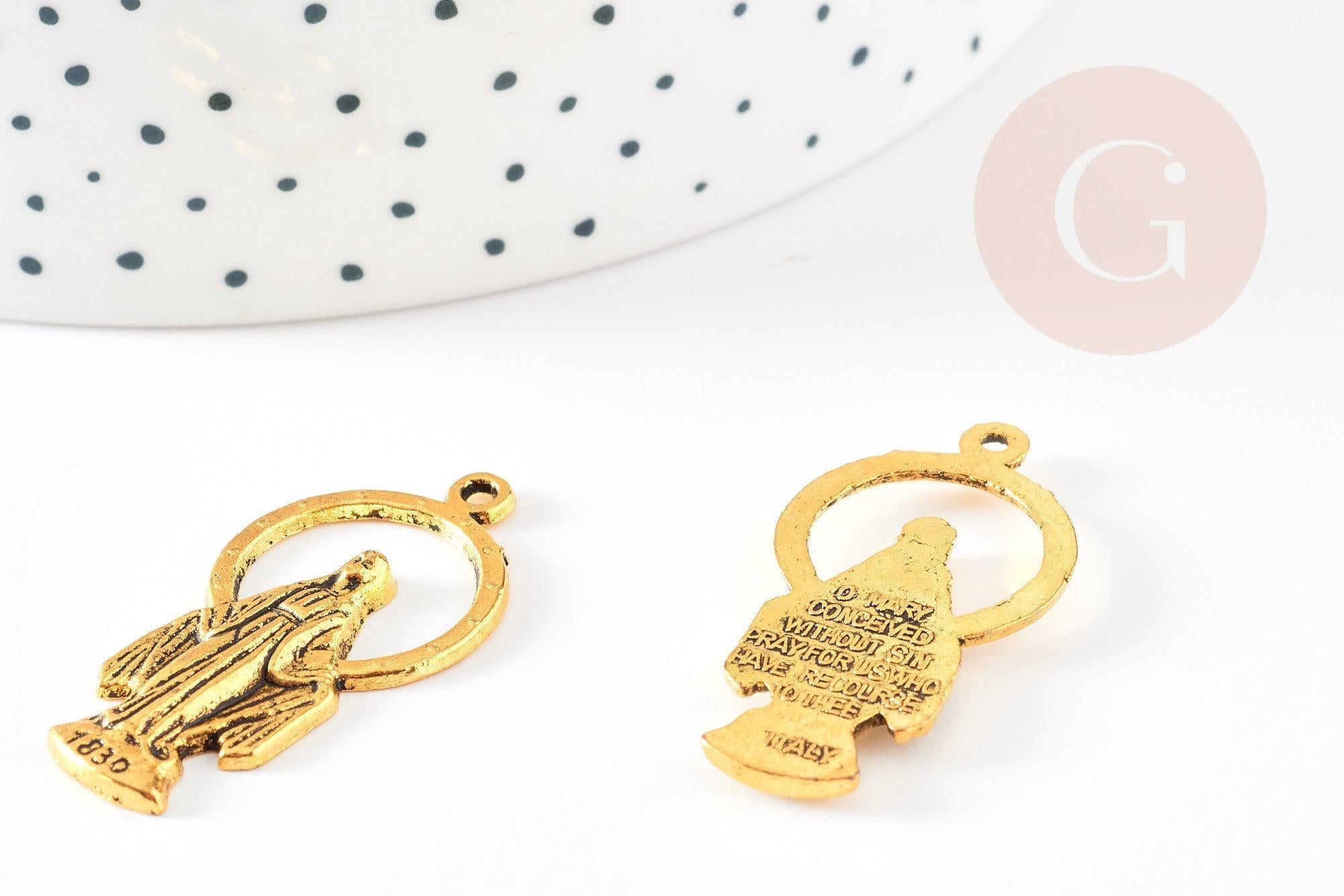 Pendentif médaille ovale Vierge Marie zamac doré 36mm, x1 (G1245)