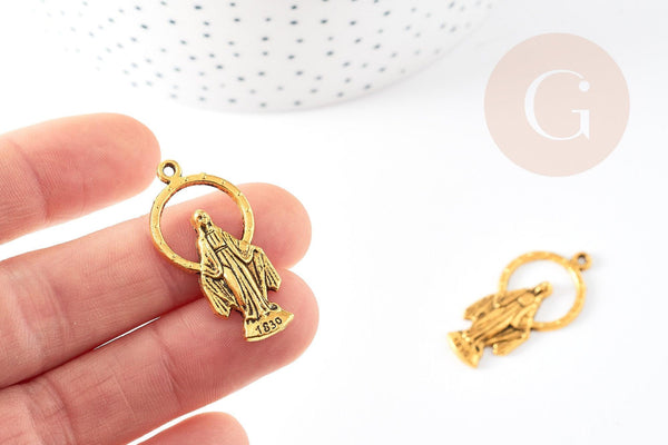 Pendentif médaille ovale Vierge Marie zamac doré 36mm, x1 (G1245)