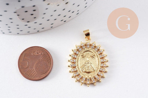 Pendentif médaille ovale Vierge Notre Dame d'Aparecida laiton doré 18K 31.5mm, x1 (G10254)
