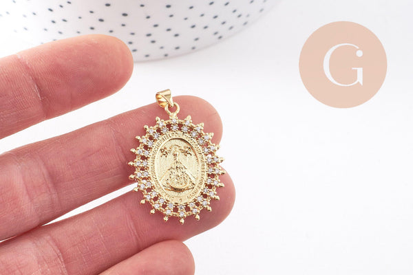 Pendentif médaille ovale Vierge Notre Dame d'Aparecida laiton doré 18K 31.5mm, x1 (G10254)