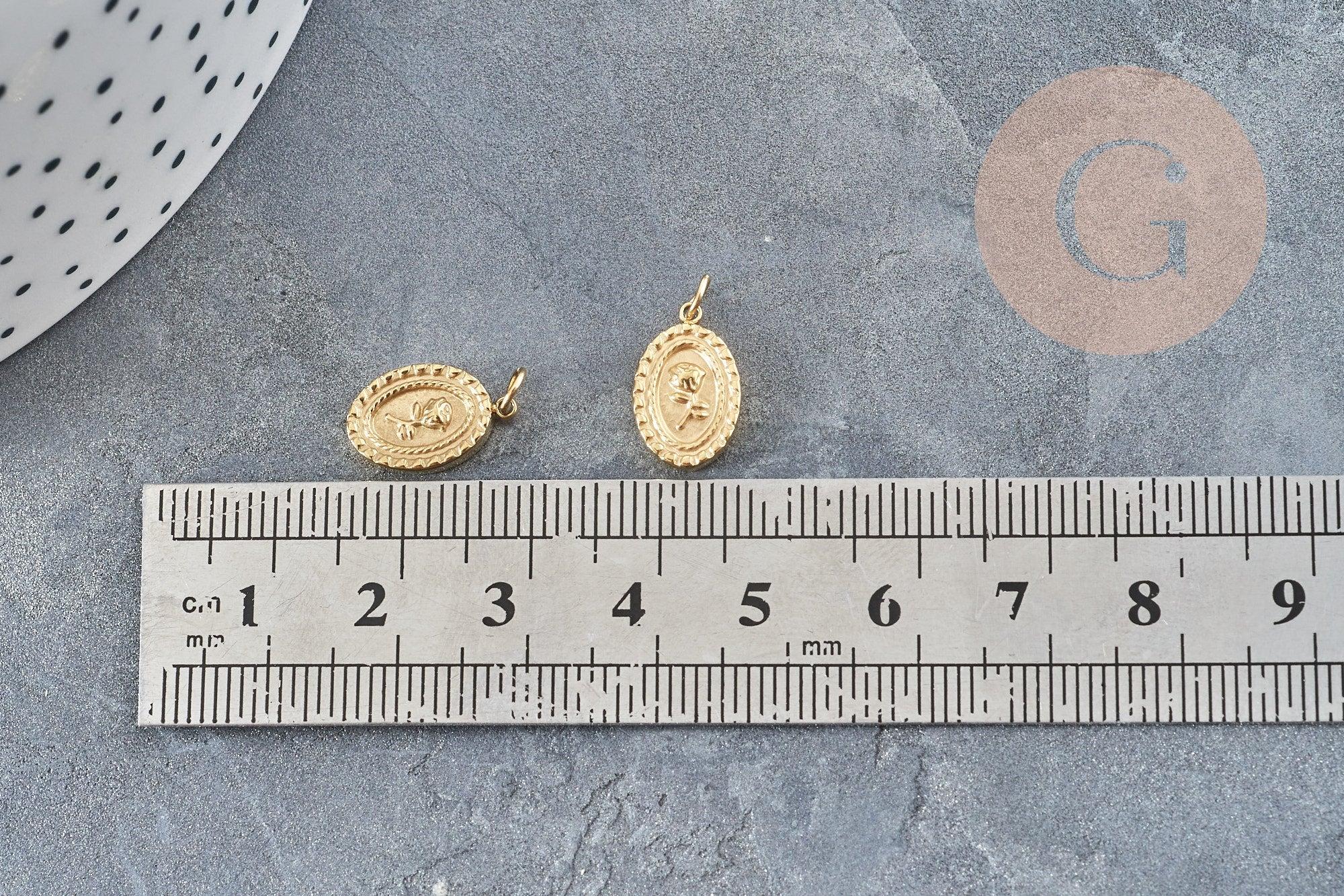 Pendentif médaille ovale acier doré fleur rose 13.5mm, x1 (G4697)
