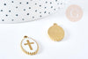 Pendentif médaille ovale croix émaillée acier 304 doré 18K inoxydable 23mm, x1 (G8717)