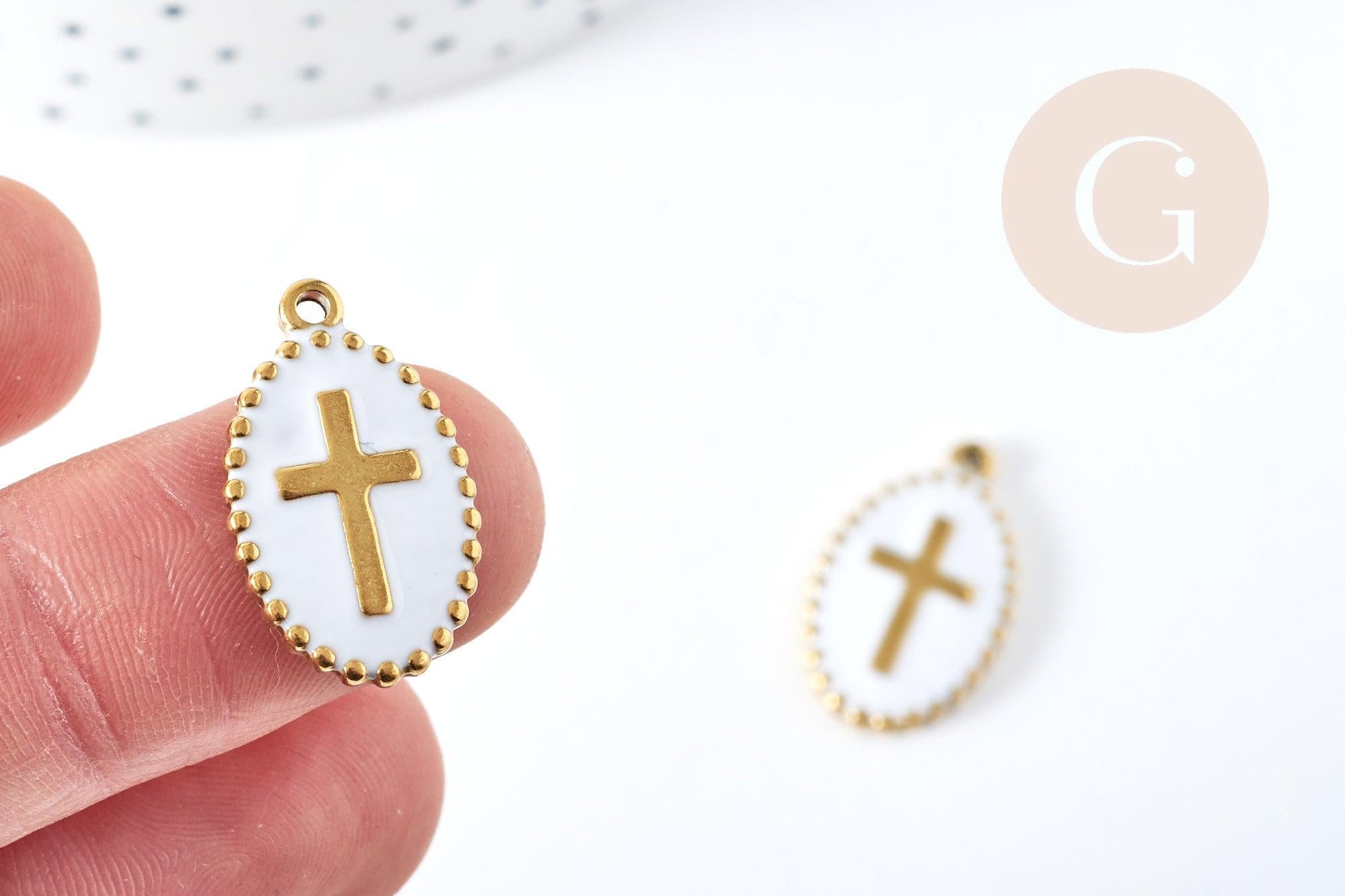 Pendentif médaille ovale croix émaillée acier 304 doré 18K inoxydable 23mm, x1 (G8717)