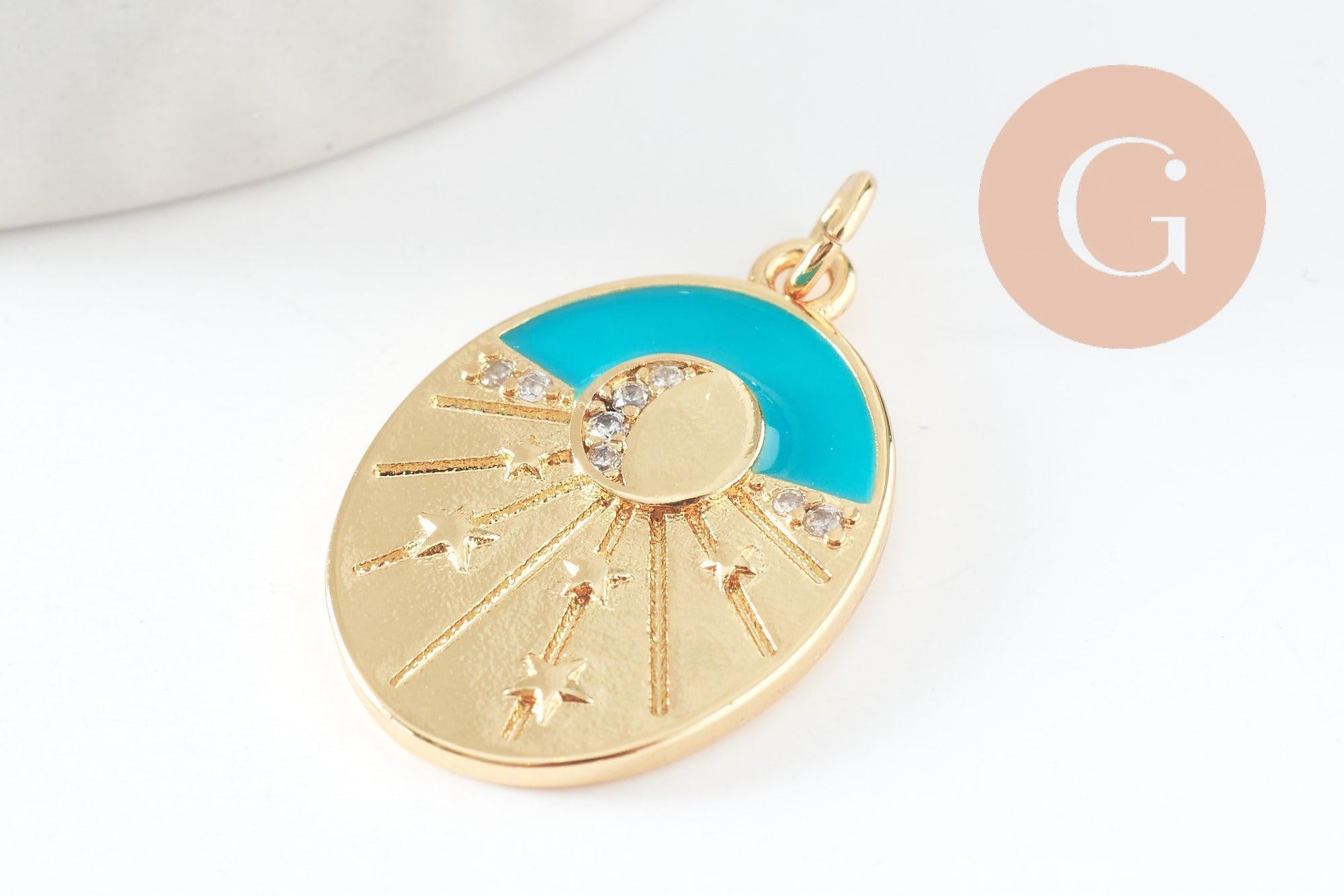 Pendentif médaille ovale soleil lune émail turquoise laiton doré, pendentif laiton émaillé,sans nickel,22mm, x1 G4735