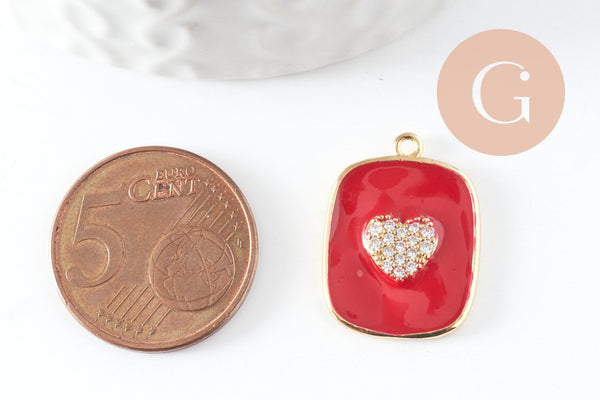 Pendentif médaille rectangle coeur émail laiton doré zircon,21.5mm, x1 (G5242)