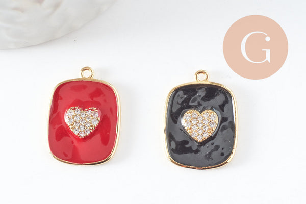 Pendentif médaille rectangle coeur émail laiton doré zircon,21.5mm, x1 (G5242)