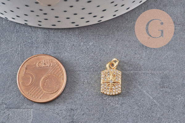 Pendentif médaille rectangle étoile laiton doré zircons, un pendentif doré avec cristaux pour création bijoux,14.5mm, x1 (G3484)