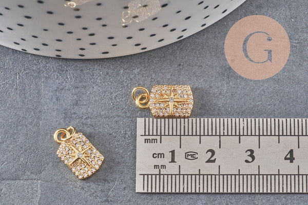 Pendentif médaille rectangle étoile laiton doré zircons, un pendentif doré avec cristaux pour création bijoux,14.5mm, x1 (G3484)