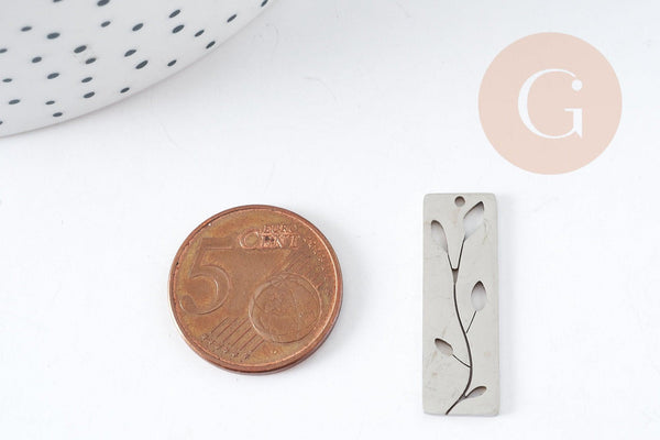 Pendentif médaille rectangle fleur acier 201 inoxydable argenté 28mm, x1 (G9130)