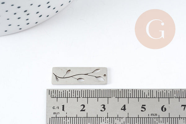 Pendentif médaille rectangle fleur acier 201 inoxydable argenté 28mm, x1 (G9130)