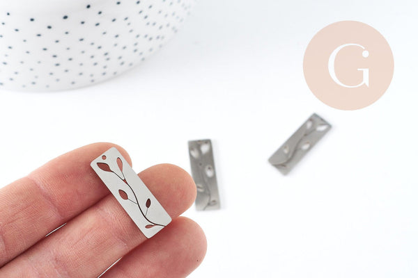 Pendentif médaille rectangle fleur acier 201 inoxydable argenté 28mm, x1 (G9130)