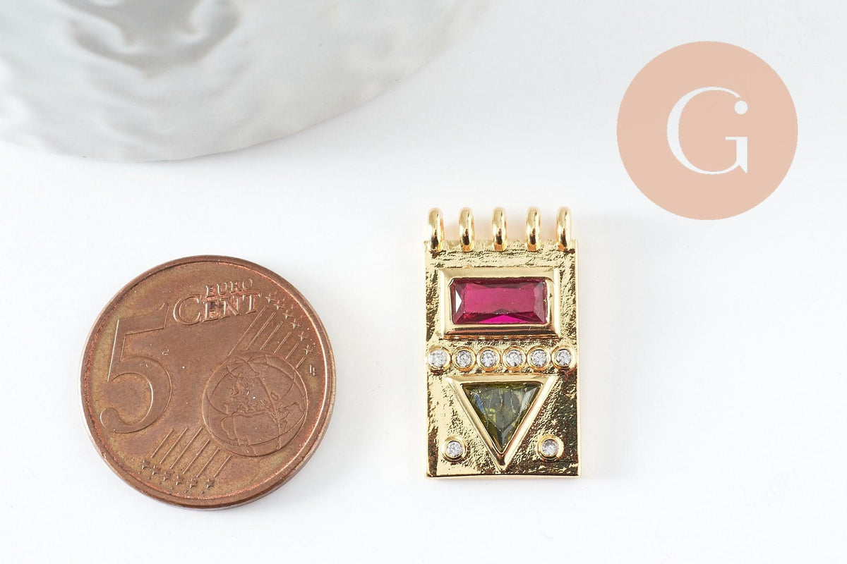 Pendentif médaille rectangle laiton doré zircon coloré 14.5mm, x1 (G3779)