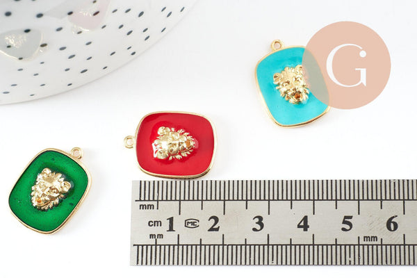 Pendentif médaille rectangle lion émail laiton doré 21.5mm, création bijoux animal x1 G9550