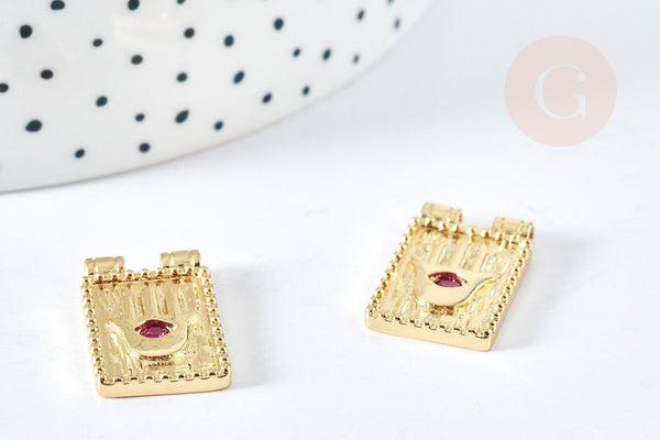 Pendentif médaille rectangle main fatma chance laiton doré zircon 21mm, pendentif or avec cristaux création de bijoux, x1 G7674