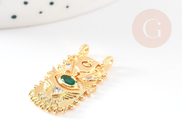 Pendentif médaille rectangle oeil protecteur laiton doré zircon 27.5mm, x1 G5957