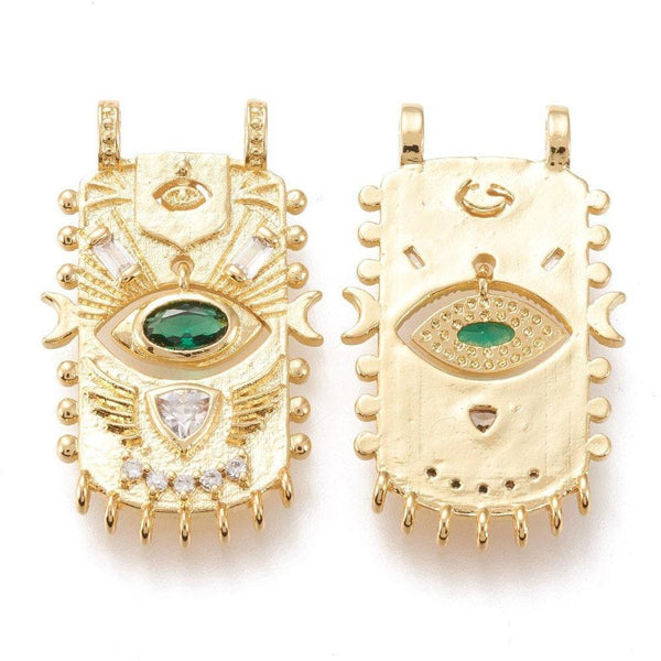 Pendentif médaille rectangle oeil protecteur laiton doré zircon 27.5mm, x1 G5957