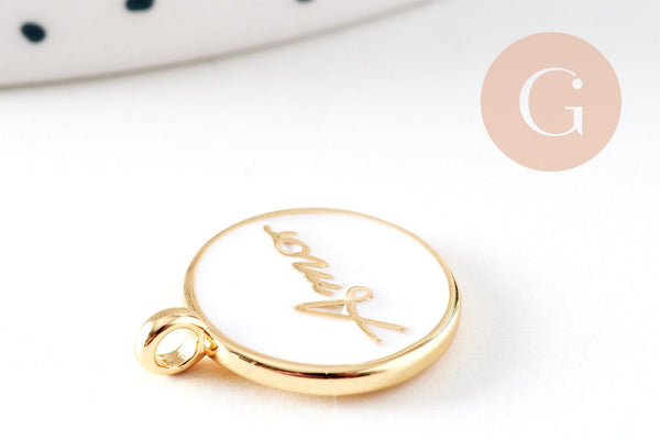 Pendentif médaille rond AMOR émail noir ou blanc laiton doré 20.5mm, x1 (G10823)