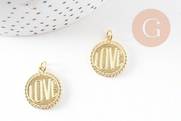 Pendentif médaille rond LOVE laiton doré 20.5mm, x1 (G10814)