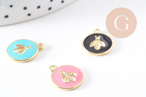Pendentif médaille rond abeille émail laiton doré 16mm, x1 (G2942)