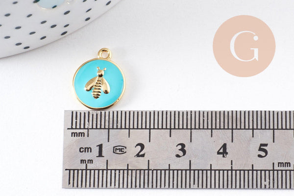 Pendentif médaille rond abeille émail laiton doré 16mm, x1 (G2942)