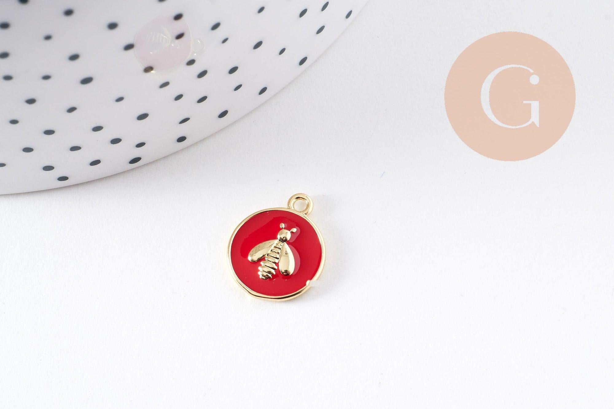 Pendentif médaille rond abeille émail laiton doré 16mm, x1 (G2942)