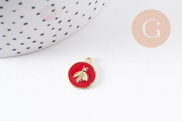 Pendentif médaille rond abeille émail laiton doré 16mm, x1 (G2942)