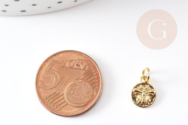 Pendentif médaille rond abeille laiton doré 10mm, x1 (G3371)
