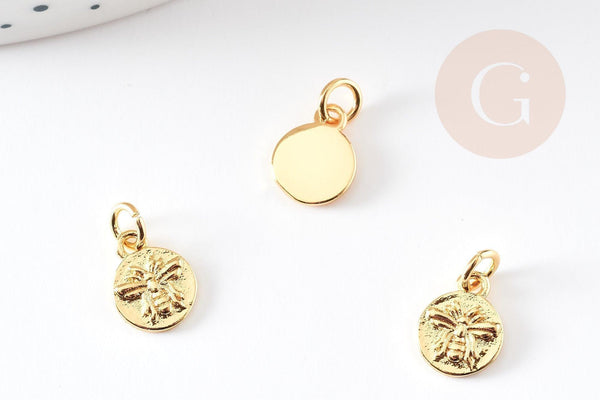 Pendentif médaille rond abeille laiton doré 10mm, x1 (G3371)