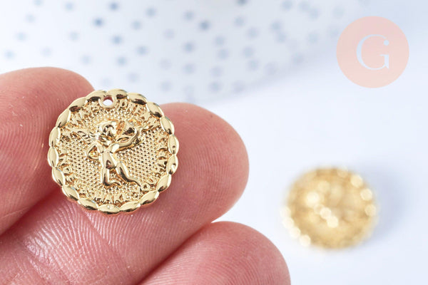 Pendentif médaille rond ange laiton doré 18K zircon 16mm, un pendentif doré pour création bijoux, x1 G6772
