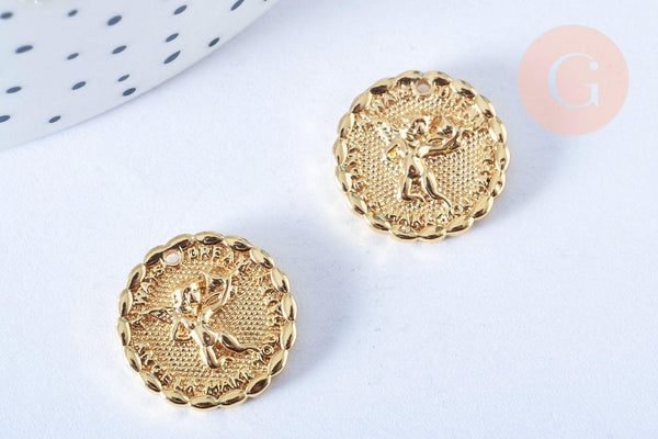 Pendentif médaille rond ange laiton doré 18K zircon 16mm, un pendentif doré pour création bijoux, x1 G6772