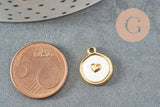 Pendentif médaille rond coeur émail blanc acier 304 doré 14K inoxydable IP, x1 (G9657)