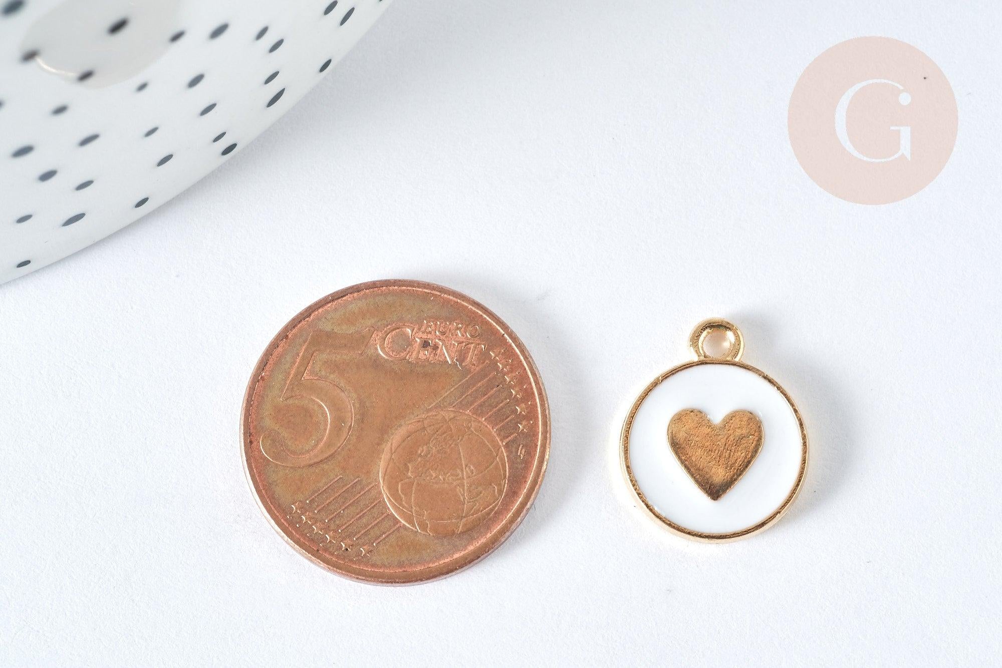 Pendentif médaille rond cœur émail blanc zamac doré 16mm, création bijou amour, x1 (G7426)