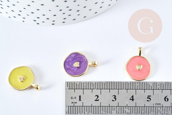 Pendentif médaille rond coeur émail coloré laiton doré 18mm, pendentif laiton émaillé,sans nickel, x1 G8554