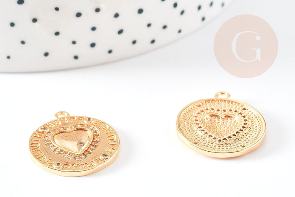 Pendentif médaille rond coeur émail laiton doré 18K et zircon 23.5mm, x1 (G3589)