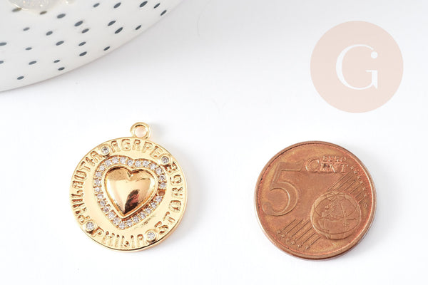 Pendentif médaille rond coeur émail laiton doré 18K et zircon 23.5mm, x1 (G3589)