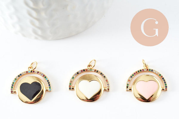 Pendentif médaille rond coeur émail laiton doré et zircon, pendentif laiton amour sans nickel,21mm, x1 (G6191)