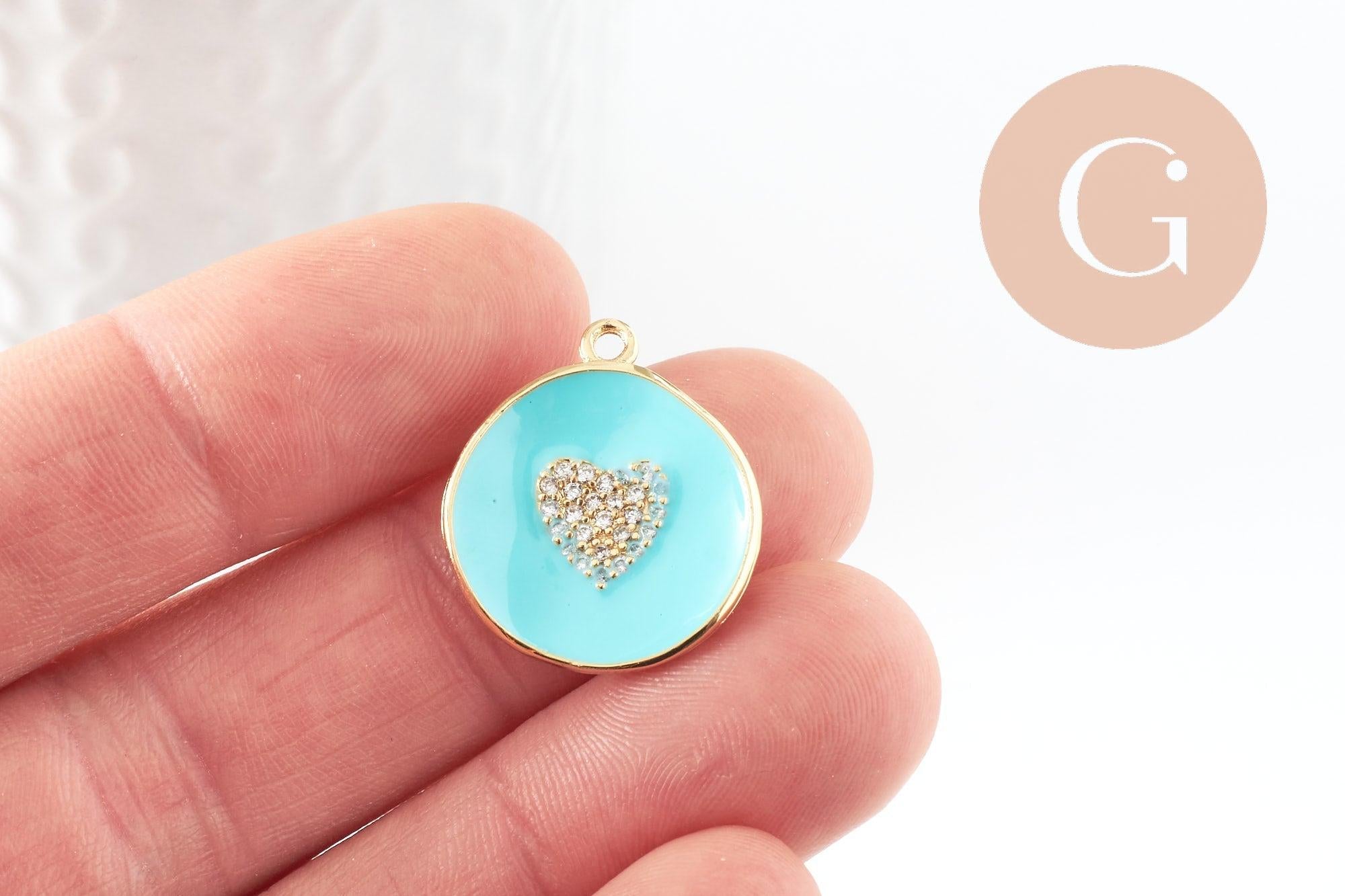 Pendentif médaille rond coeur émail laiton doré et zircon, pendentif laiton coeur,sans nickel,23mm, x1 (G4824)