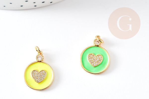 Pendentif médaille rond coeur émail laiton doré et zircon, pendentif laiton insecte,sans nickel,22mm,x1 G4064