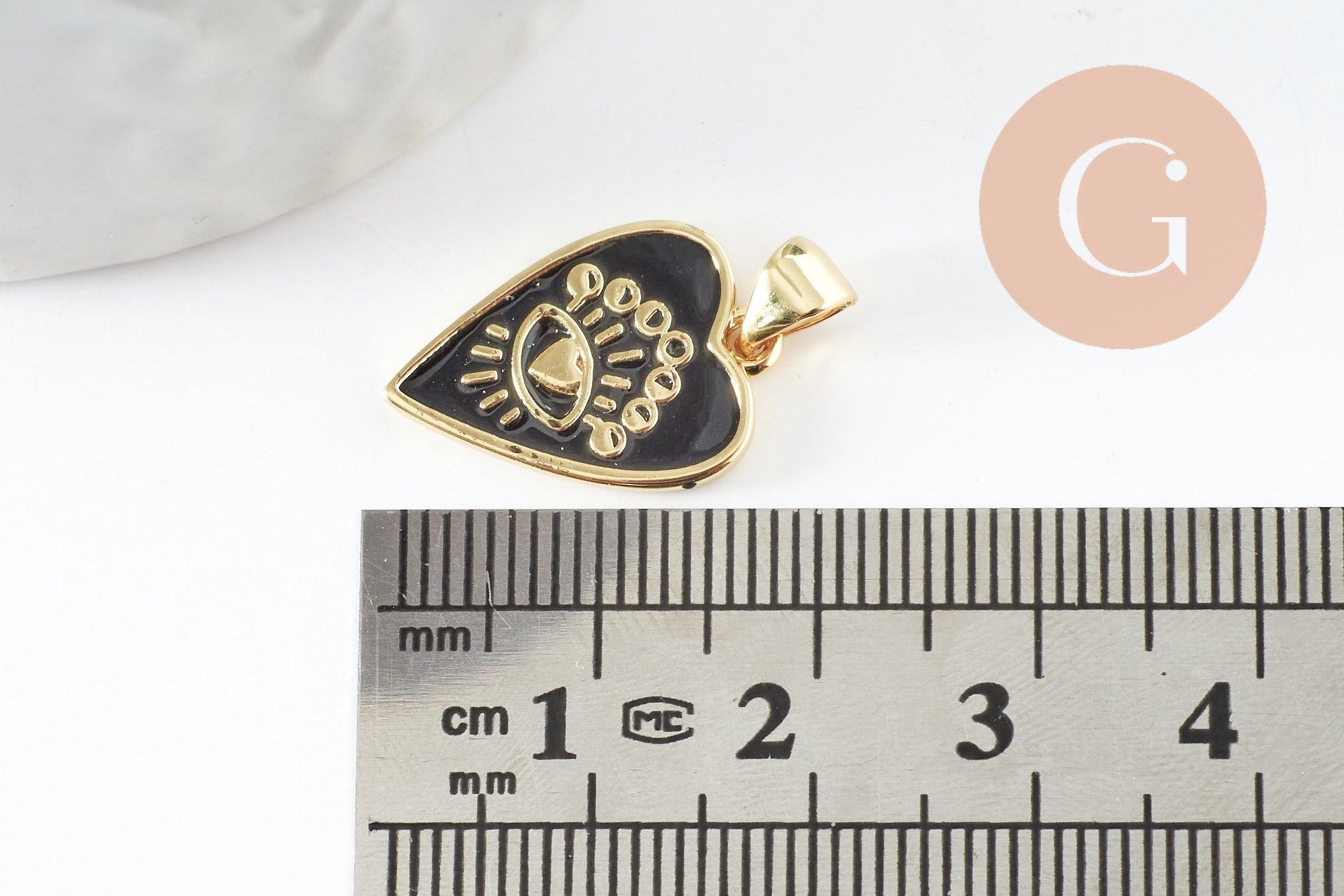 Pendentif médaille rond coeur émail noir laiton doré 18K , pendentif laiton amour pour création bijoux,18.5mm, x1 (G5325)