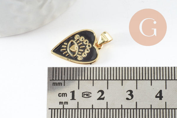 Pendentif médaille rond coeur émail noir laiton doré 18K , pendentif laiton amour pour création bijoux,18.5mm, x1 (G5325)