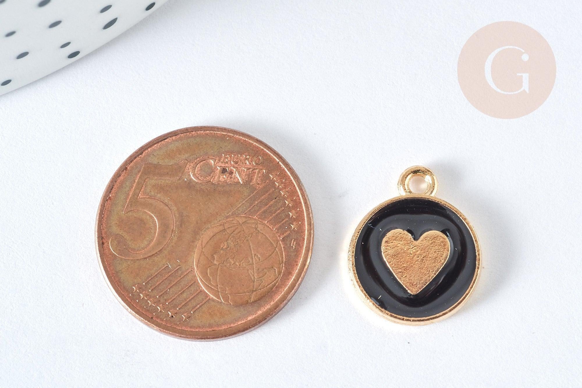 Pendentif médaille rond cœur émail noir zamac doré, création bijou amour, x1 (G7421)