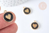 Pendentif médaille rond cœur émail noir zamac doré, création bijou amour, x1 (G7421)