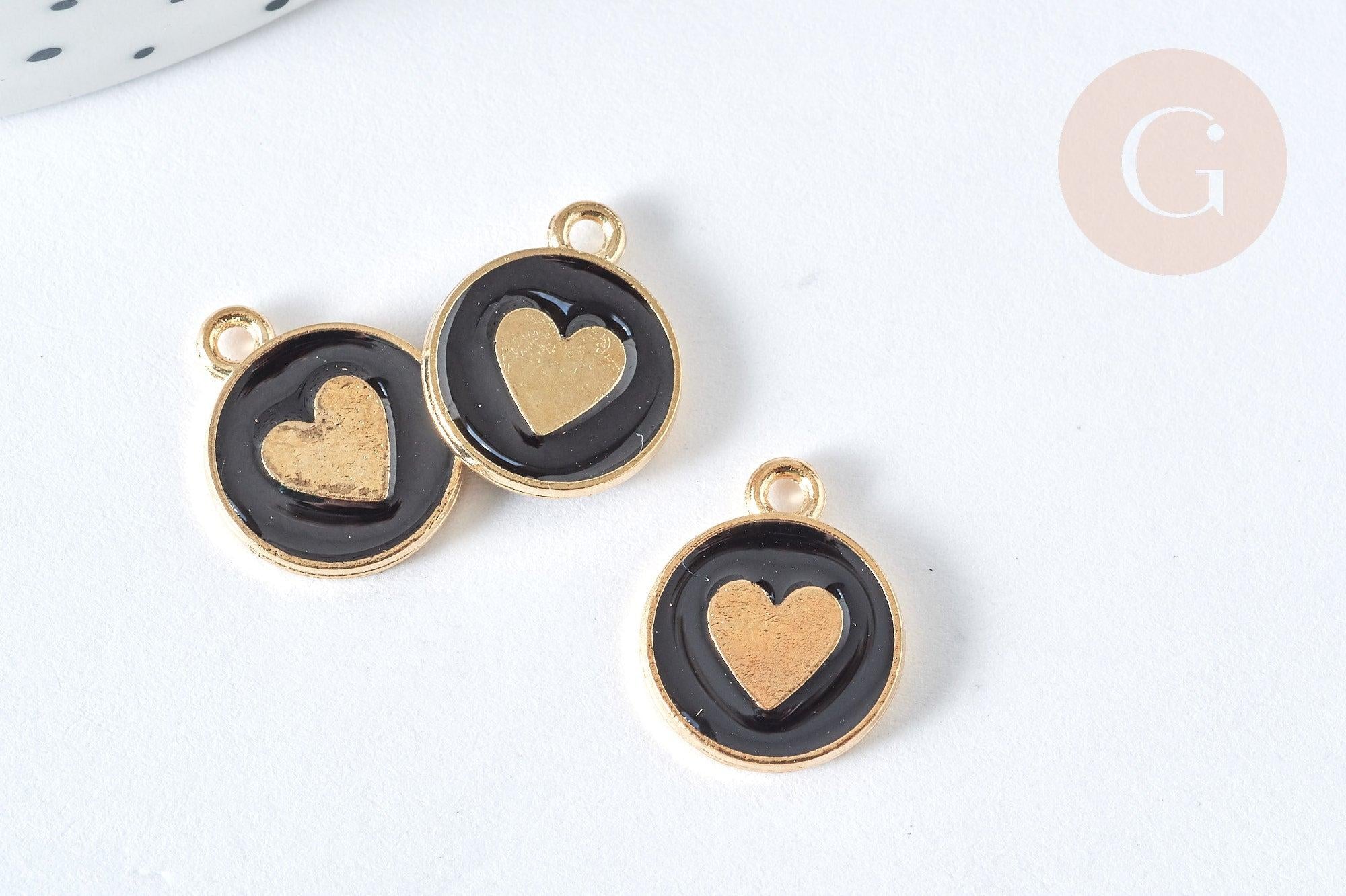Pendentif médaille rond cœur émail noir zamac doré, création bijou amour, x1 (G7421)