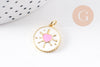 Pendentif médaille rond coeur émail rose laiton doré 18K 18mm , pendentif laiton coeur,sans nickel, x1 (G8420)