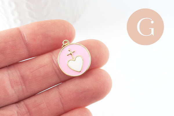 Pendentif médaille rond coeur émail rose laiton doré 20.5mm, x1 (G9490)
